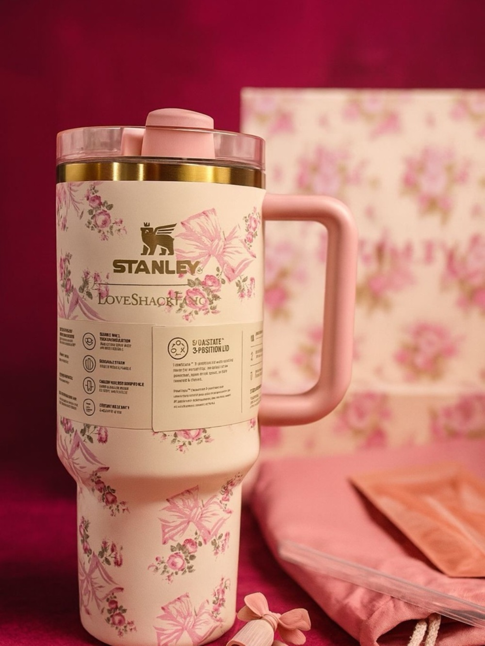 Stanley Pink Floral Travel Tumbler with Gold Accent